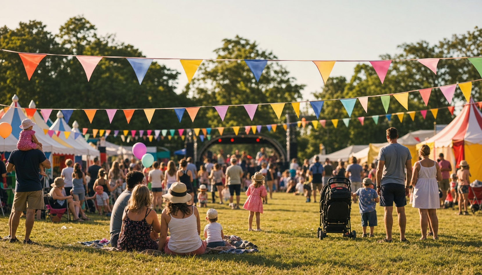 Vrolijk kinderfestival op een zonnige dag met slingers en tentjes