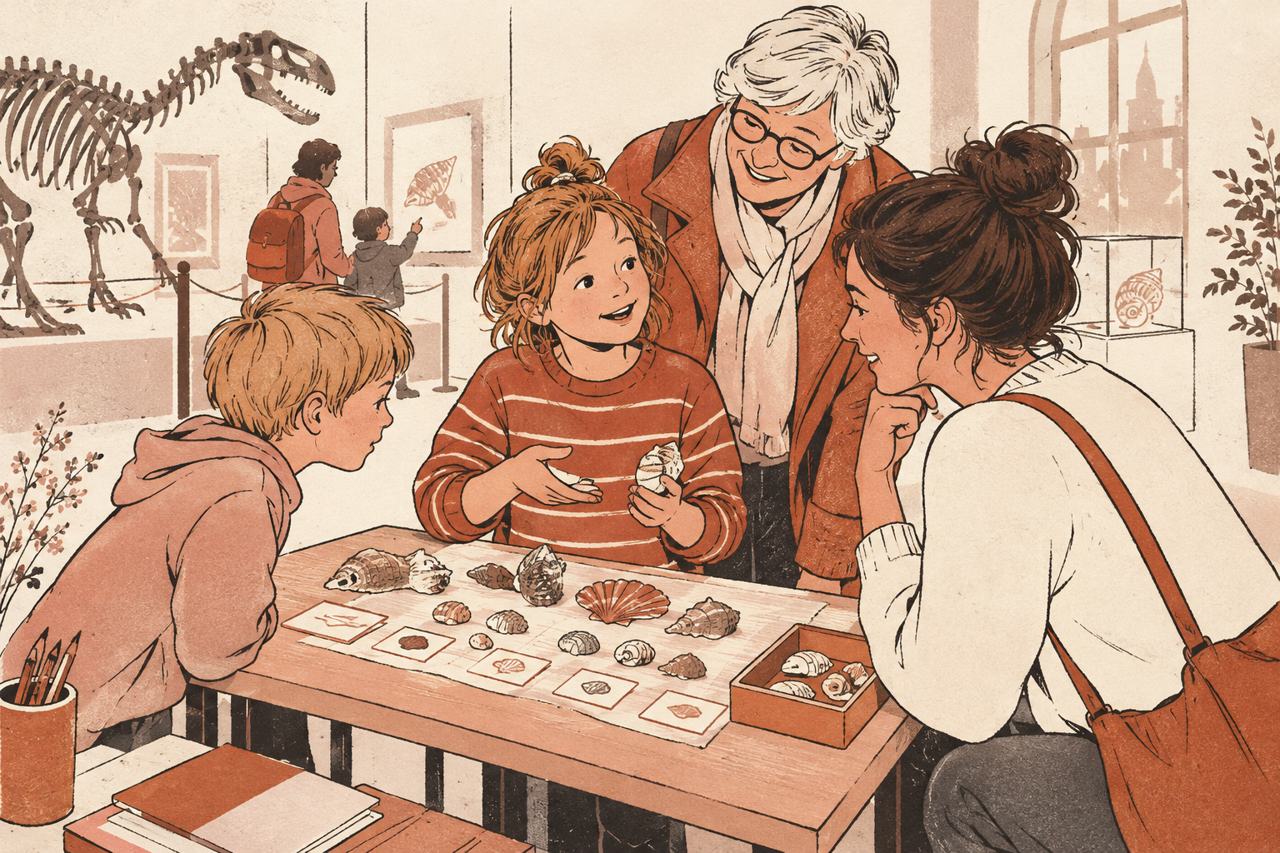 Illustratie van een kind dat in een museum schelpen aan bezoekers laat zien.